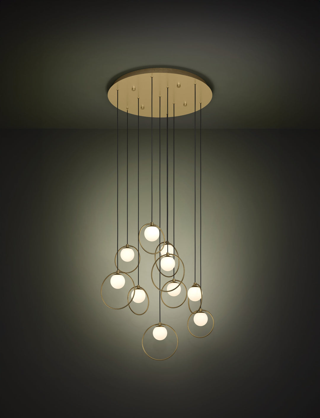 Portocolom hanging light brass, gold glass opal matt white 10X3W H: 150 Ø 58 cm in