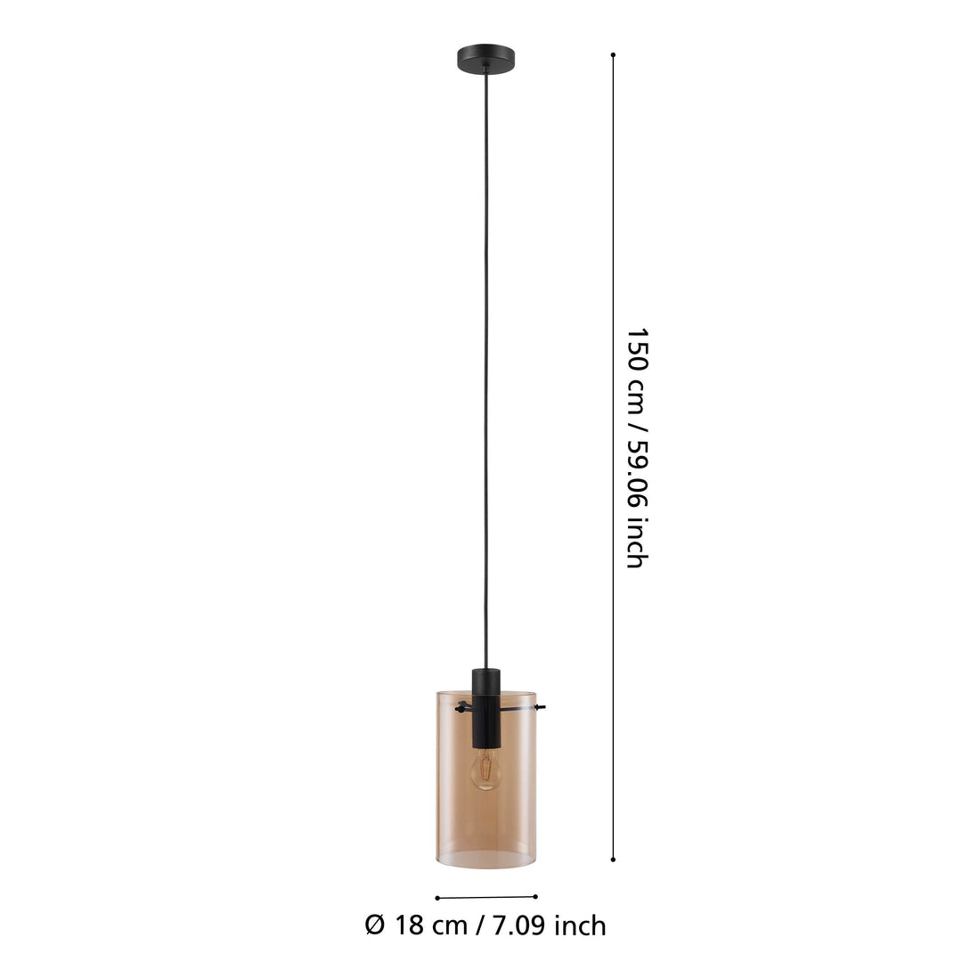 Hängeleuchte Polverara schwarz Glas bedampft amber 1X40W H:150 Ø 18 cm in