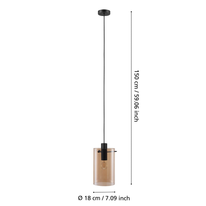Hängeleuchte Polverara schwarz Glas bedampft amber 1X40W H:150 Ø 18 cm in