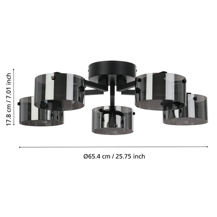 Deckenleuchte Copillos schwarz Glas bedampft schwarz-transparent 5X5,4W H:18 Ø 65,5 cm in