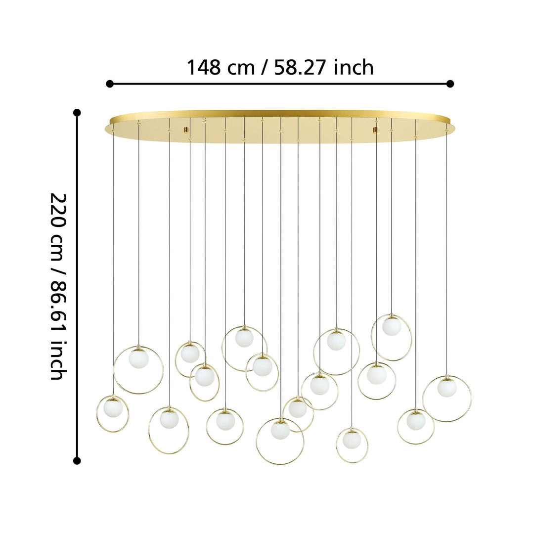 Portocolom hanging light brass, gold glass opal matt white 17X3W L:148 H:220 cm in