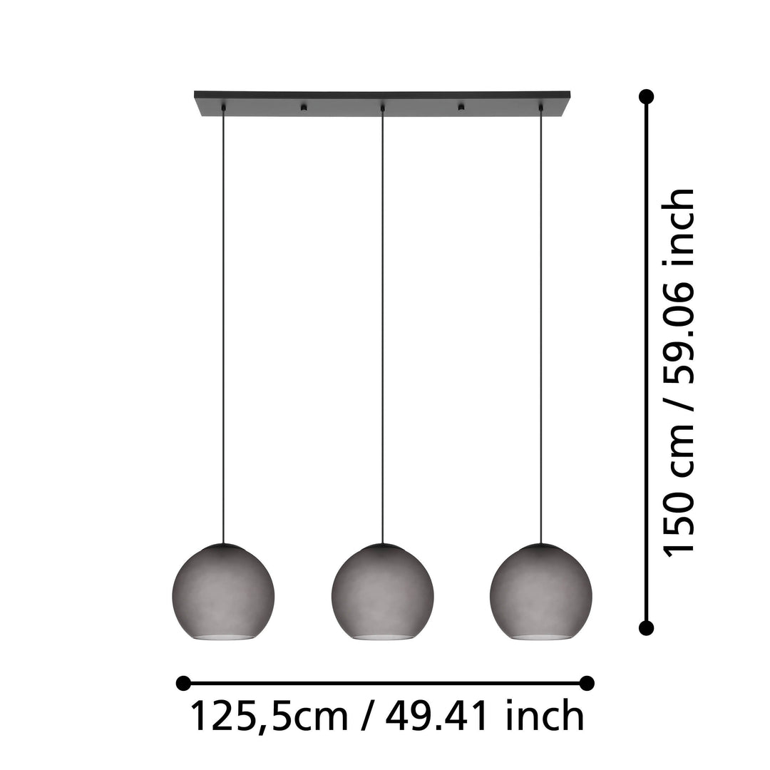 Hängeleuchte Arangona schwarz Glas grau matt 3X40W L:125,5 H:150 cm in