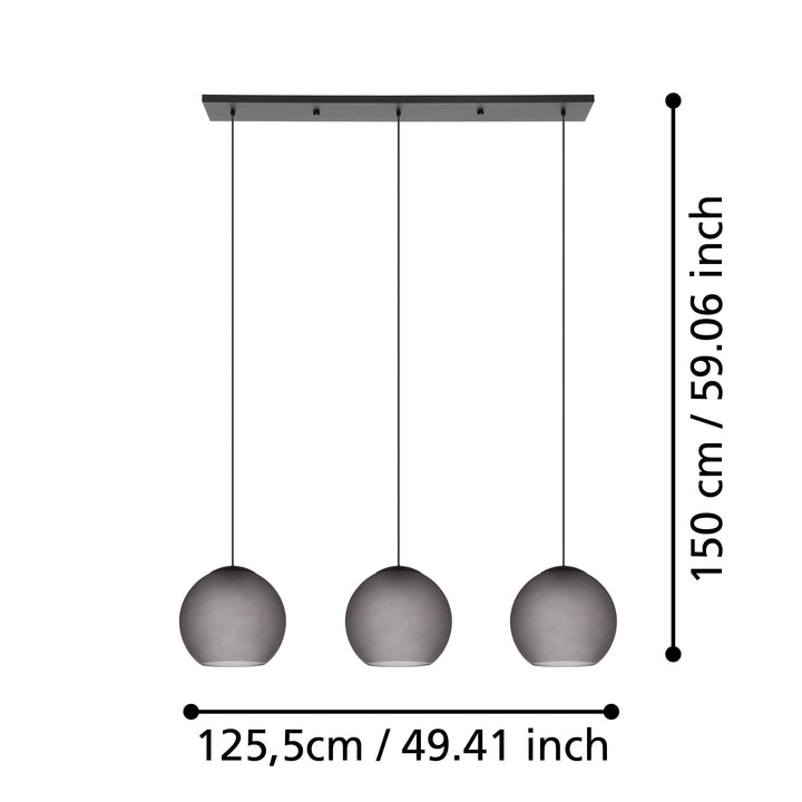 Hängeleuchte Arangona schwarz Glas grau matt 3X40W L:125,5 H:150 cm in