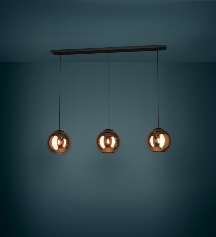 Hängeleuchte Cordoba schwarz Glas bedampft kupferfarben 3X40W L:125,5 H:150 cm in