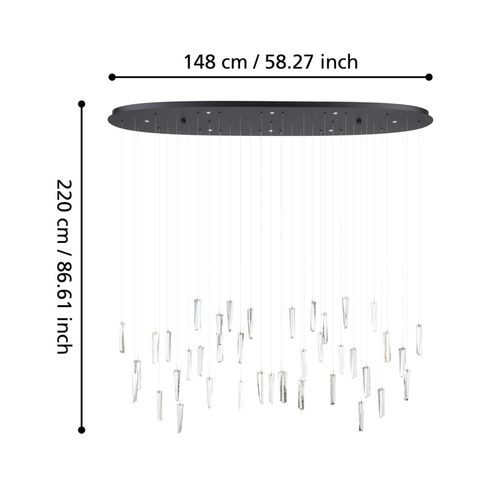 Hängeleuchte Sardenara schwarz Glas mit Lufteinschlüssen klar 8X4,2W L:148 H:220 cm in