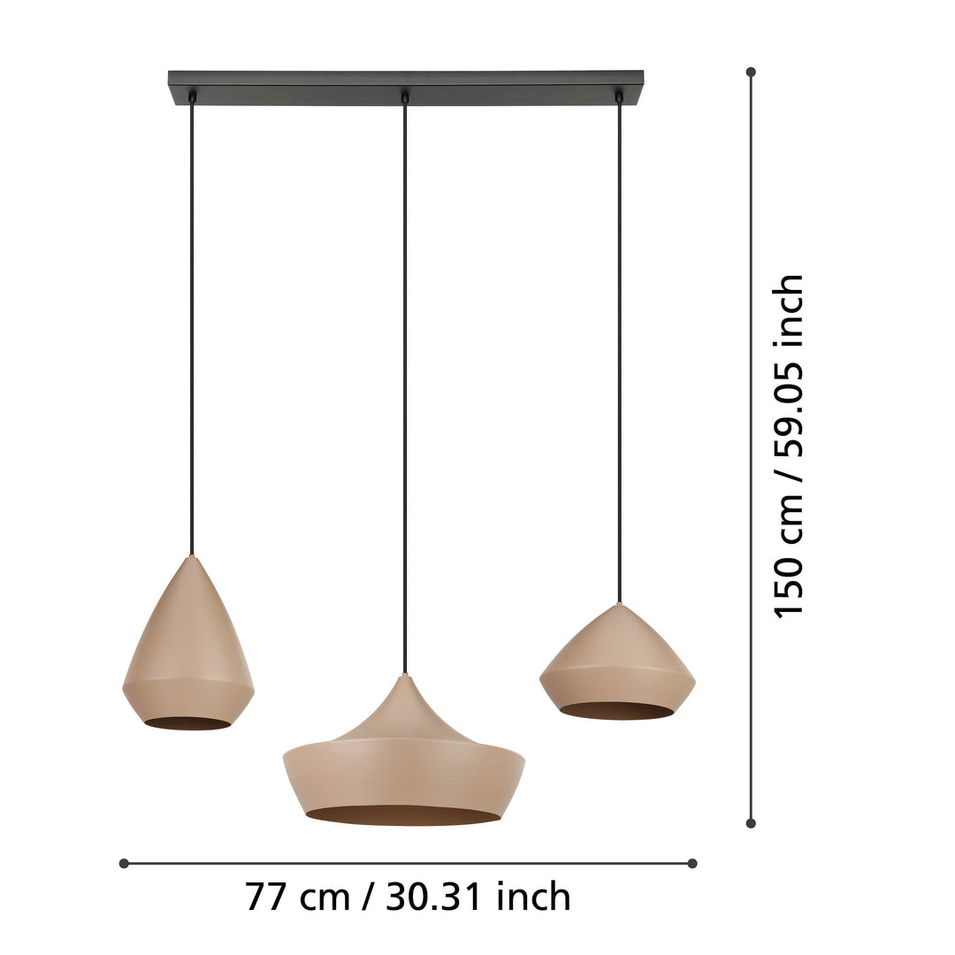 Torremolinos hanging light black steel sand colored 3X28W L:93 H:150 cm in
