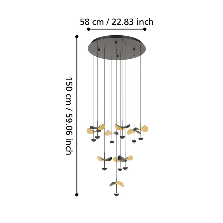 Hanging lamp Dracera black steel black, gold 10X2,3W H:150 Ø 58 cm in