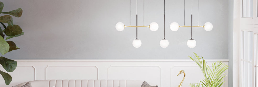 Pendant lamp Paz black, brass-brushed glass opal-matt white 7X40W L:144,5 H:150 cm in