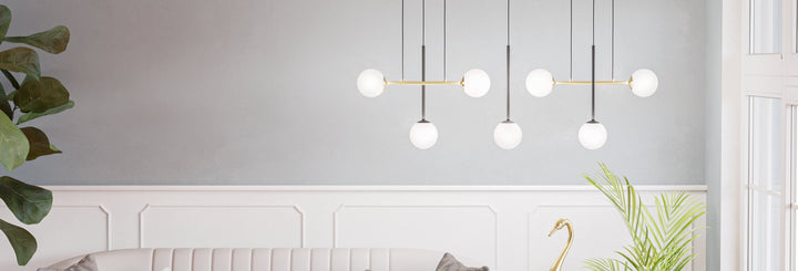 Pendant lamp Paz black, brass-brushed glass opal-matt white 7X40W L:144,5 H:150 cm in