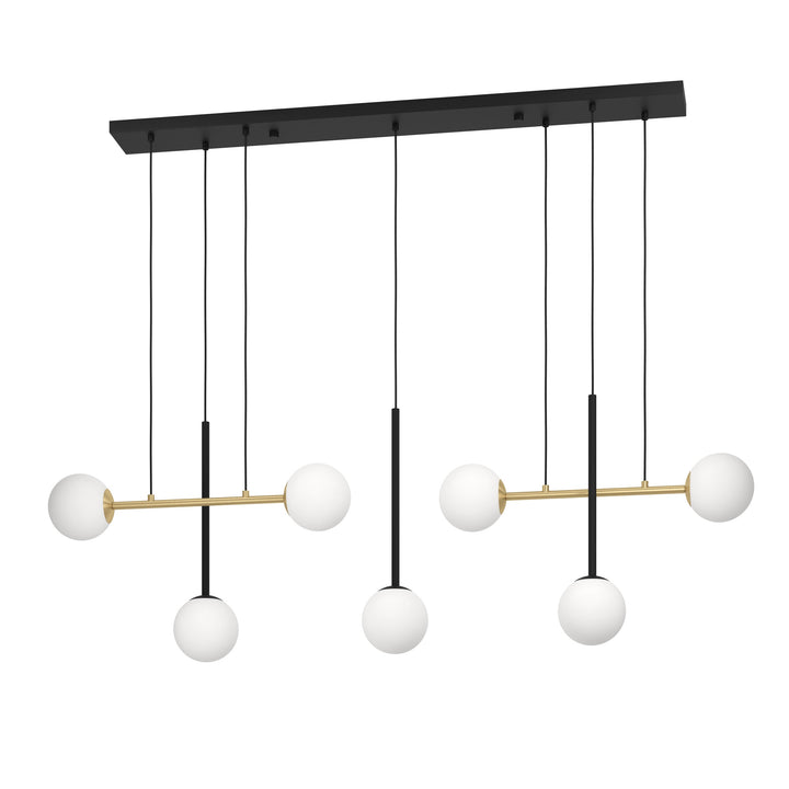 Pendant lamp Paz black, brass-brushed glass opal-matt white 7X40W L:144,5 H:150 cm in