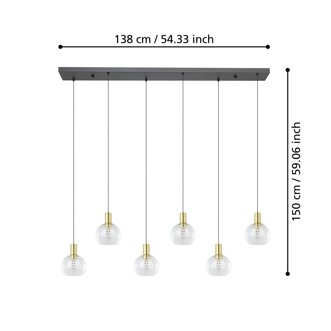 Hängeleuchte Terque schwarz, messing-gebürstet Glas klar 6X5,4W L:138 H:150 cm in