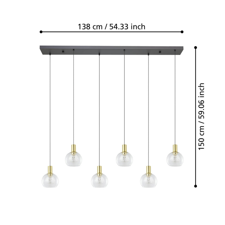 Hängeleuchte Terque schwarz, messing-gebürstet Glas klar 6X5,4W L:138 H:150 cm in