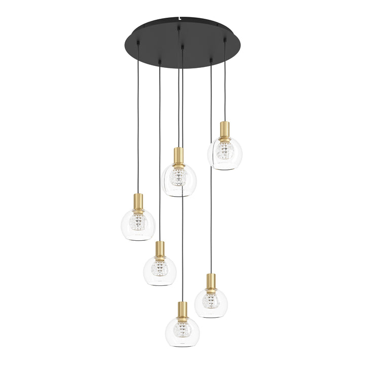 Hängeleuchte Terque schwarz, messing-gebürstet Glas klar 6X5,4W H:150 Ø 54 cm in