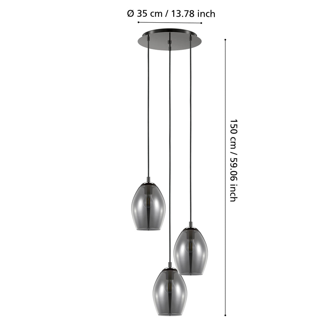 Hängeleuchte Estanys nickel-nero Glas bedampft schwarz-transparent 3X60W H:150 Ø 45 cm in