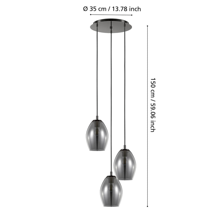 Hängeleuchte Estanys nickel-nero Glas bedampft schwarz-transparent 3X60W H:150 Ø 45 cm in