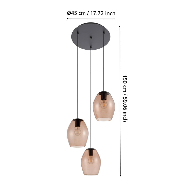 Hängeleuchte Estanys 1 schwarz Glas braun-transparent 3X40W H:150 Ø 45 cm in
