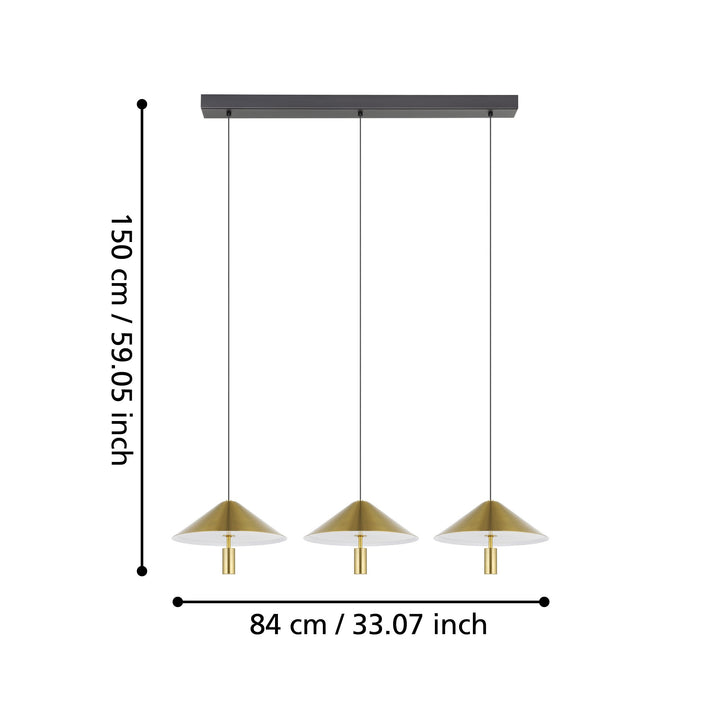 Hanging lamp Paraguay black, brass-brushed plastic white 3X12W L:97 H:150 cm in