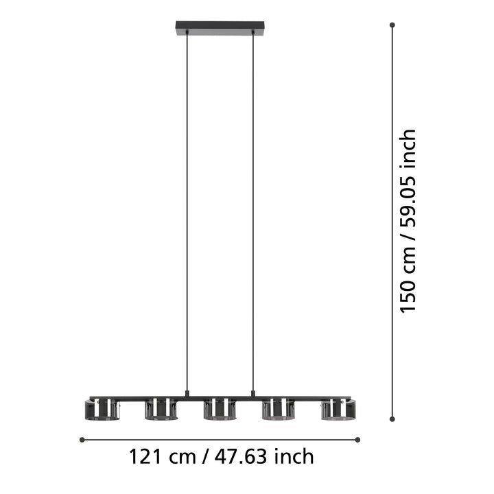 Hängeleuchte Copillos schwarz Glas bedampft schwarz-transparent 5X5,4W L:116 H:150 cm in