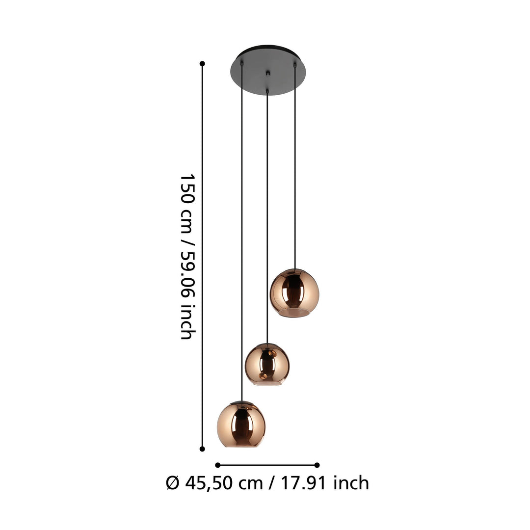 Hängeleuchte Cordoba schwarz Glas bedampft kupferfarben 3X40W H:150 Ø 45,5 cm in