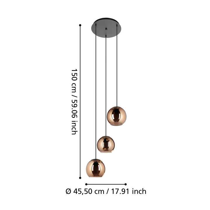 Hängeleuchte Cordoba schwarz Glas bedampft kupferfarben 3X40W H:150 Ø 45,5 cm in