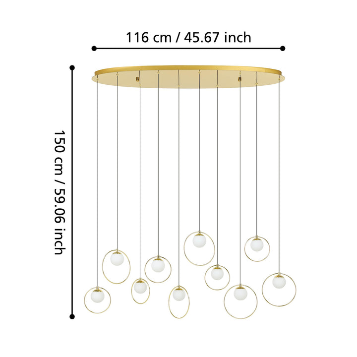 Hängeleuchte Portocolom messing, gold Glas opal-matt weiss 10X3W L:116 H:150 cm in
