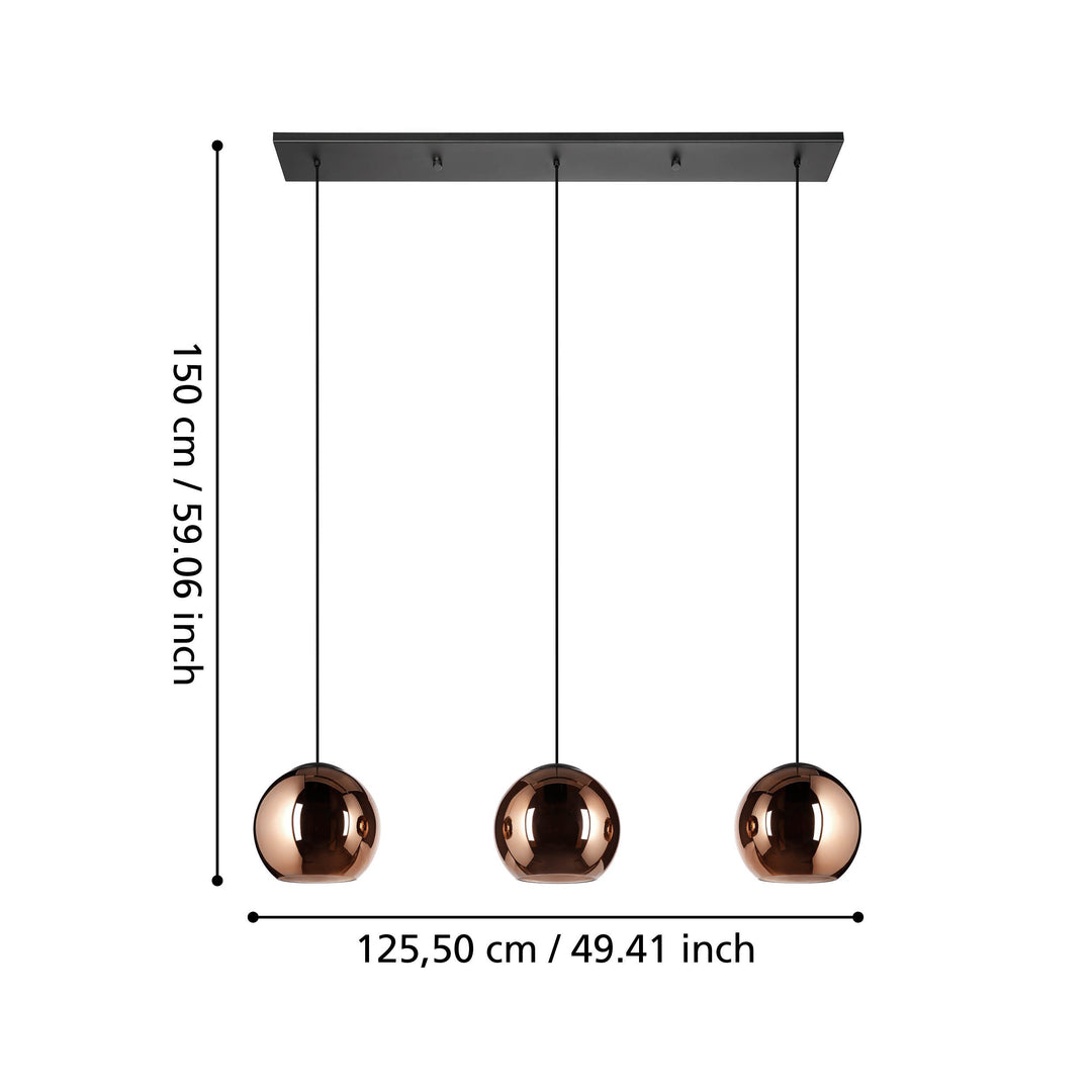 Hängeleuchte Cordoba schwarz Glas bedampft kupferfarben 3X40W L:125,5 H:150 cm in
