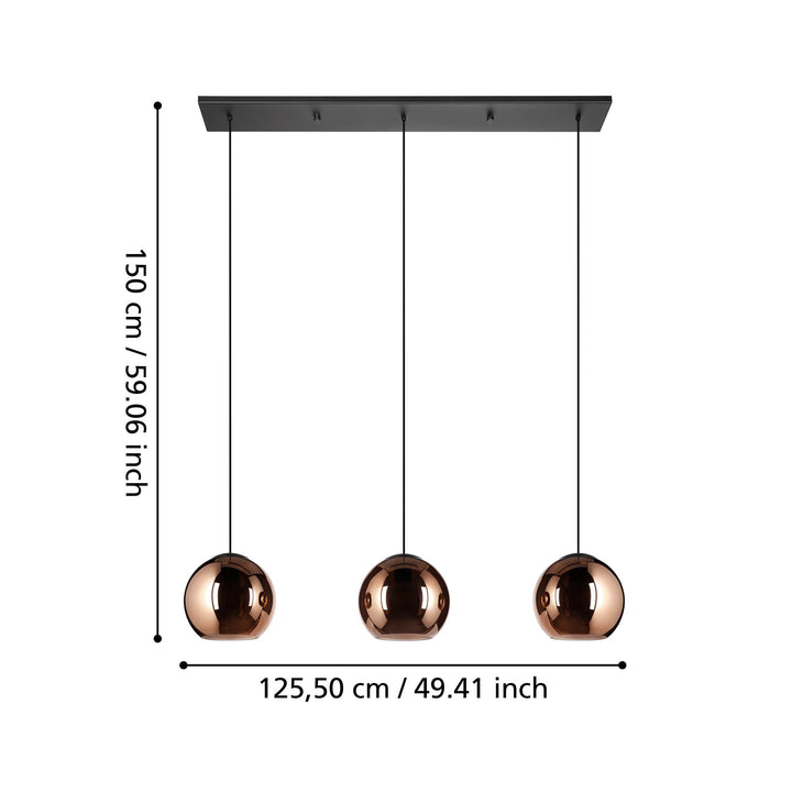 Hängeleuchte Cordoba schwarz Glas bedampft kupferfarben 3X40W L:125,5 H:150 cm in