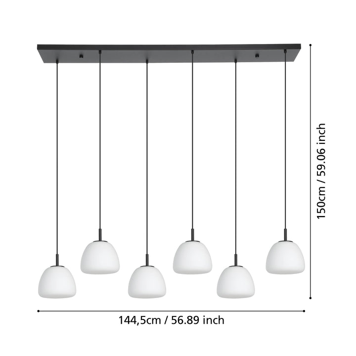 Hängeleuchte Balmes schwarz Glas opal-matt weiss 6X40W L:144,5 H:150 cm in