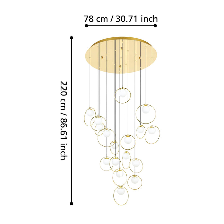 Portocolom hanging light brass, gold glass opal matt white 17X3W H:220 Ø 78 cm in