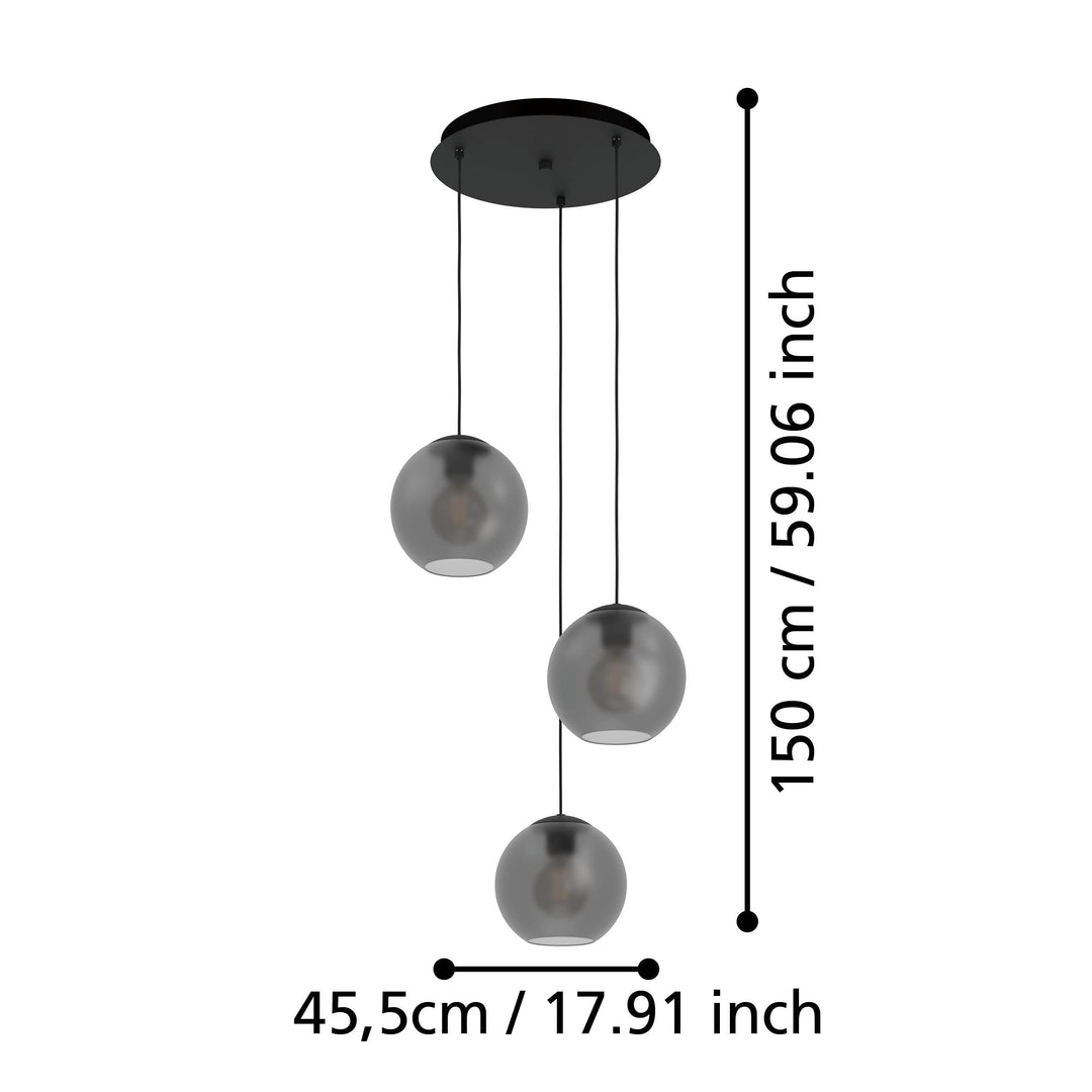 Hängeleuchte Arangona schwarz Glas grau matt 3X40W H:150 Ø 45,5 cm in