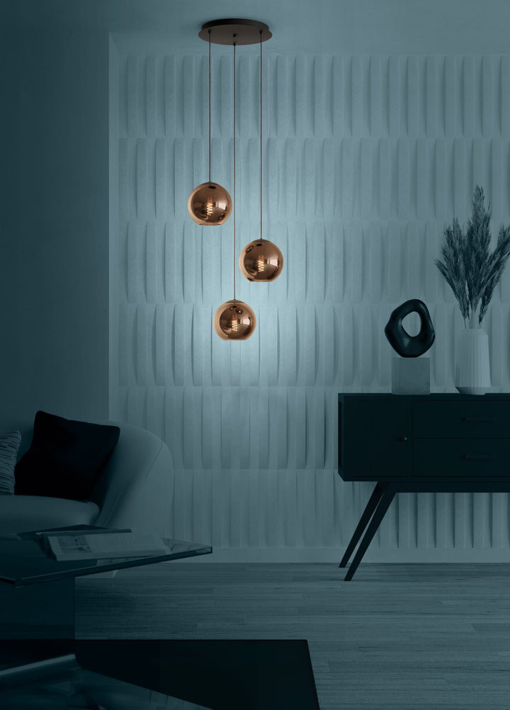 Hängeleuchte Cordoba schwarz Glas bedampft kupferfarben 3X40W H:150 Ø 45,5 cm in