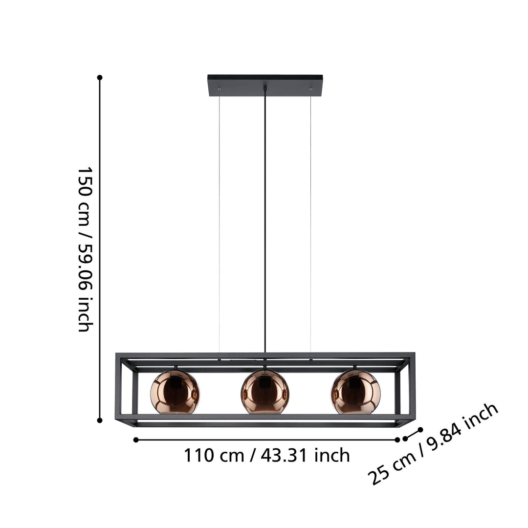 Hängeleuchte Cordoba schwarz Glas bedampft kupferfarben 3X40W L:110 H:150 cm in