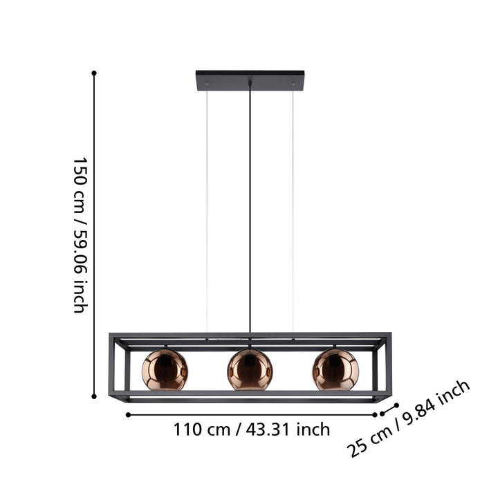 Hängeleuchte Cordoba schwarz Glas bedampft kupferfarben 3X40W L:110 H:150 cm in