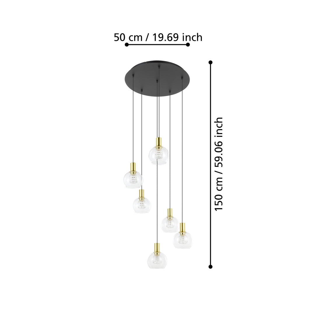 Hängeleuchte Terque schwarz, messing-gebürstet Glas klar 6X5,4W H:150 Ø 54 cm in