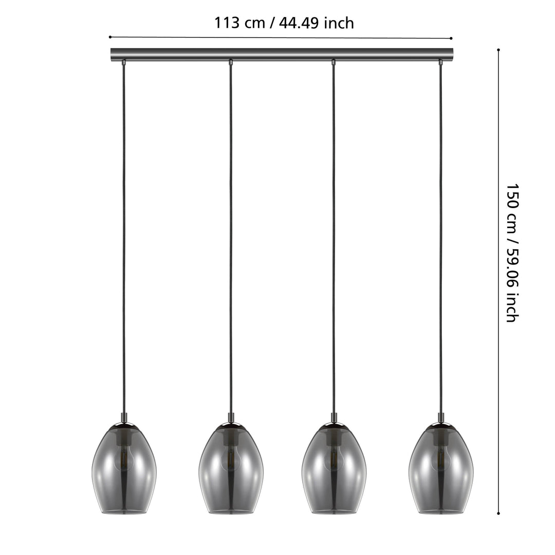 Hängeleuchte Estanys nickel-nero Glas bedampft schwarz-transparent 4X60W L:113 H:150 cm in