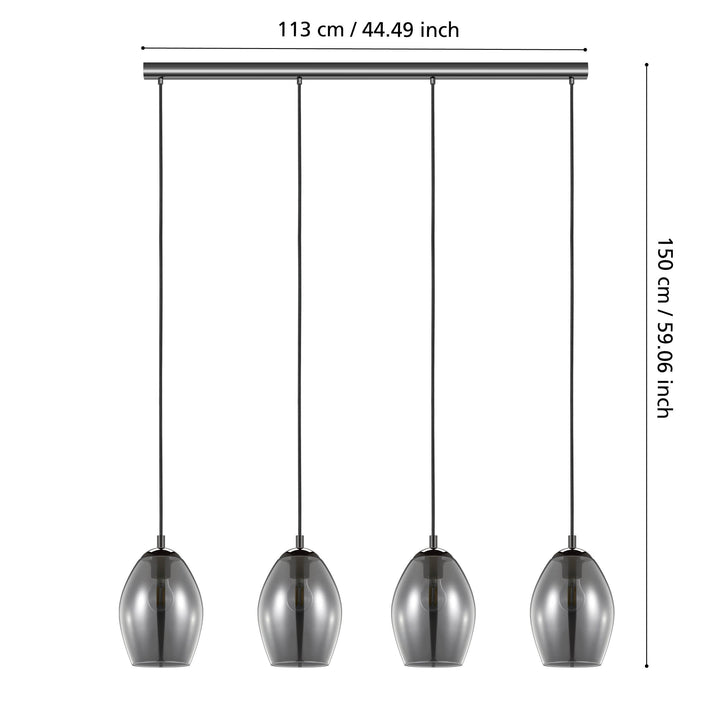 Hängeleuchte Estanys nickel-nero Glas bedampft schwarz-transparent 4X60W L:113 H:150 cm in