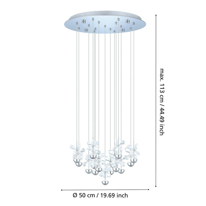 Pendant lamp Pianopoli bulb replaceable chrome brilliant glass clear 15X2,5W H:110 Ø 50 cm in