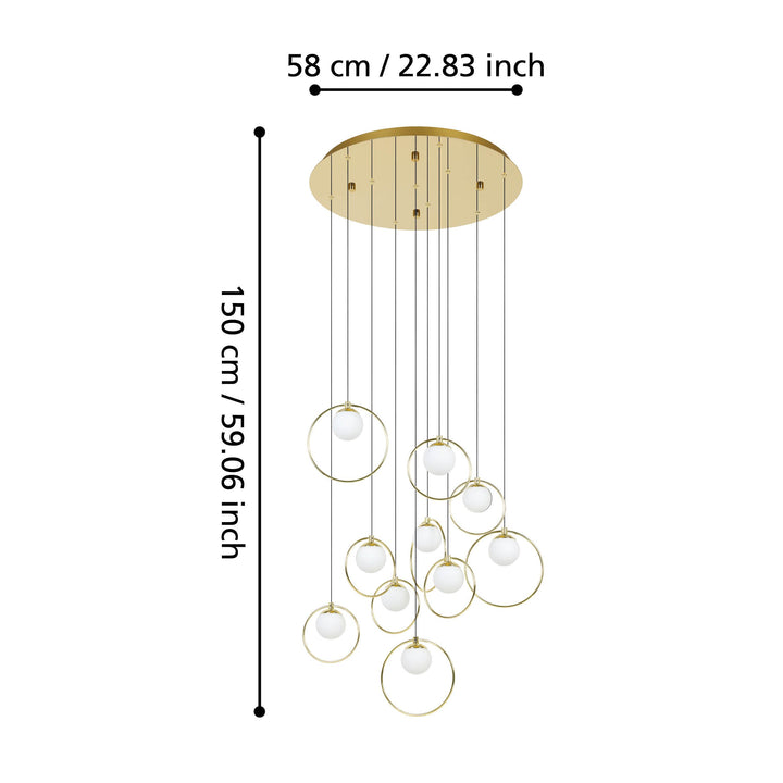 Portocolom hanging light brass, gold glass opal matt white 10X3W H: 150 Ø 58 cm in