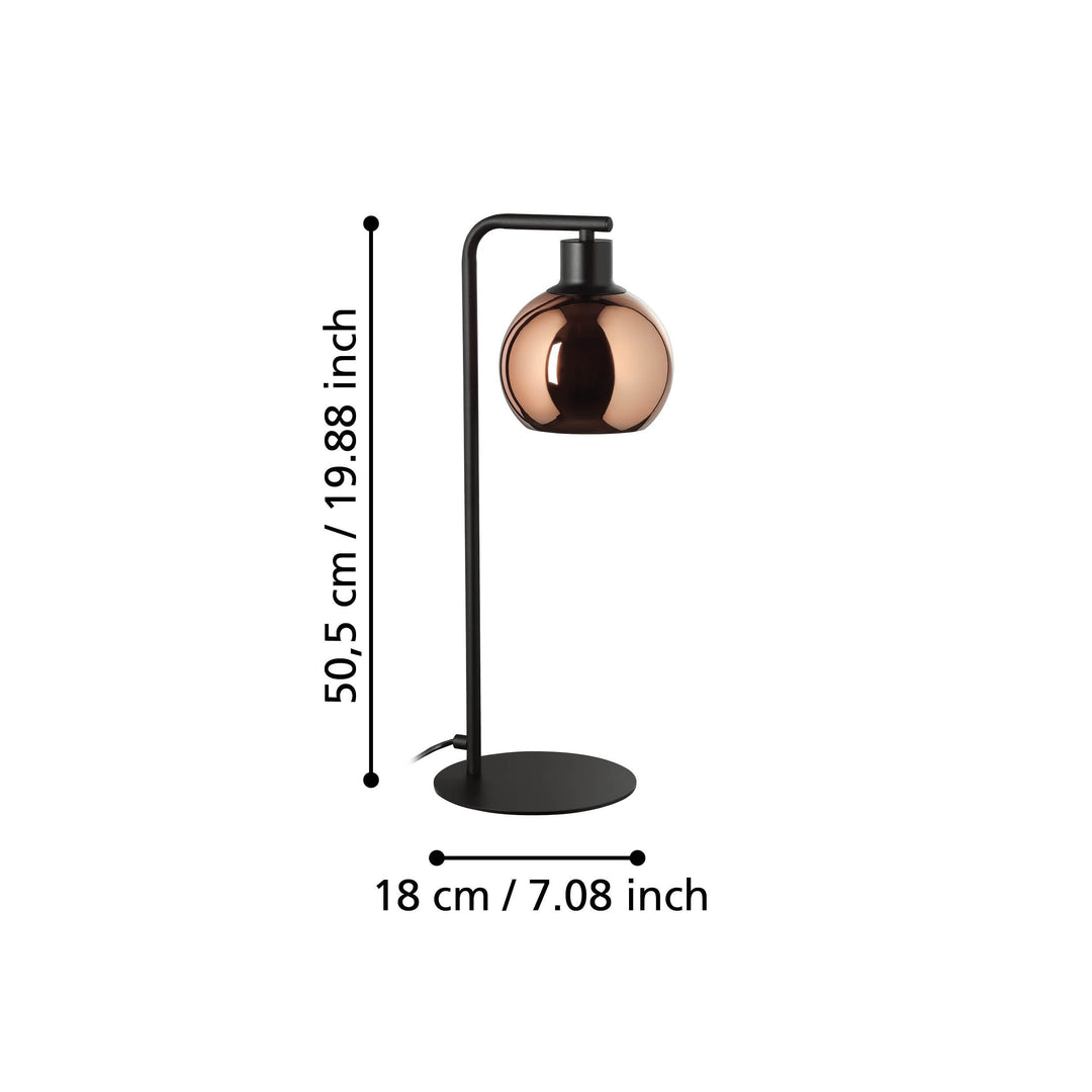 Tischleuchte Cordoba mit Schalter schwarz Glas bedampft kupferfarben 1X40W L:21,5 H:50,5 cm in