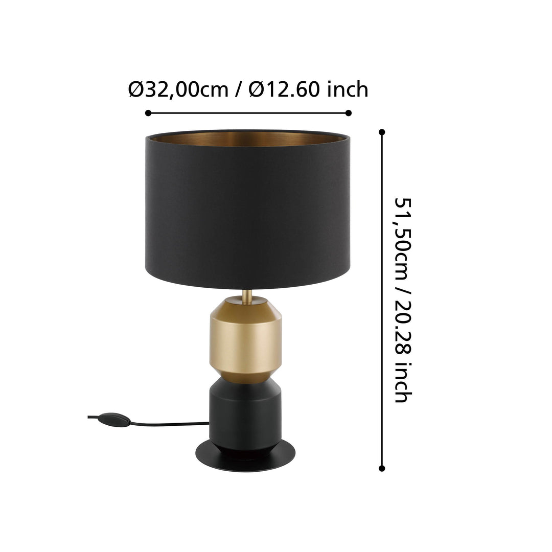 Tischleuchte Laurignano mit Schalter schwarz, gold Textil schwarz, messing 1X40W H:49 Ø 32 cm in