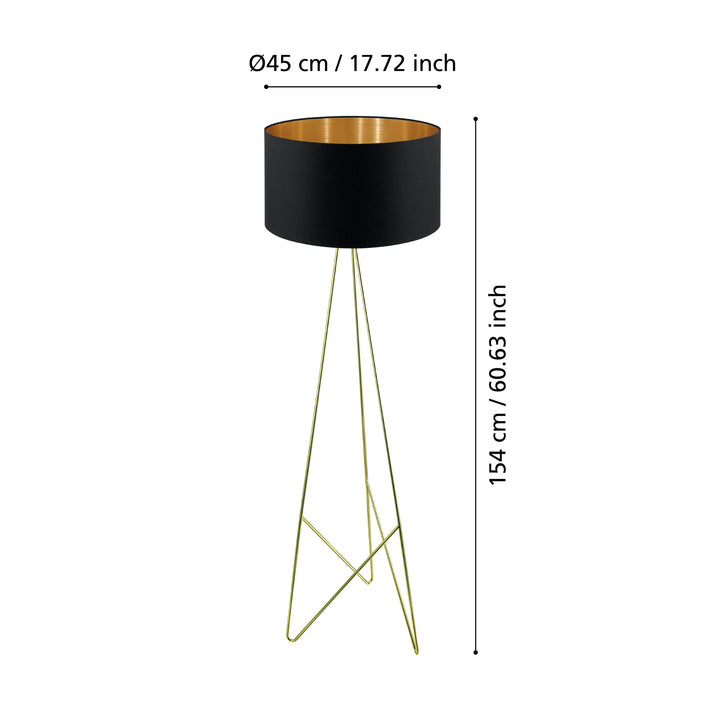 Floor lamp Camporale with switch brass textile black, gold 1X60W H:154 Ø 45 cm in